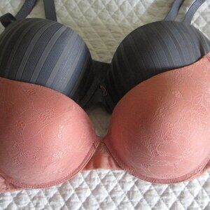 RACHEL Rachel Roy Pink Lace and Gray Striped Push-Up Bras
